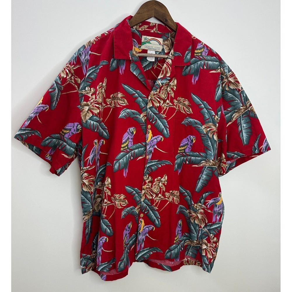 Paradise Found Hawaiian Button Shirt XL Red Parrot ASO Tom Selleck in Magnum PI - Picture 2 of 13